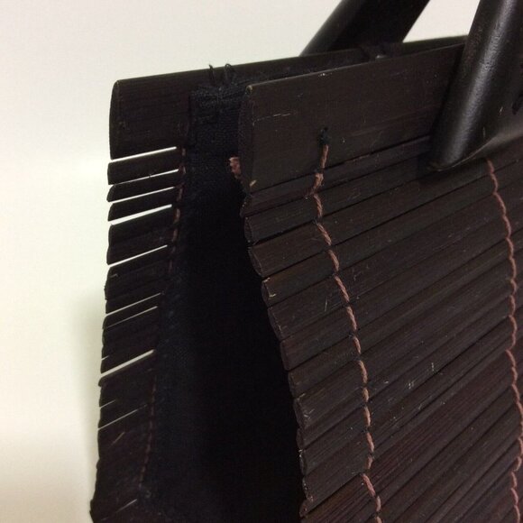 Womens Handmade Bamboo Handbag Wood Handles Loop Button Closure Brown - Picture 12 of 12